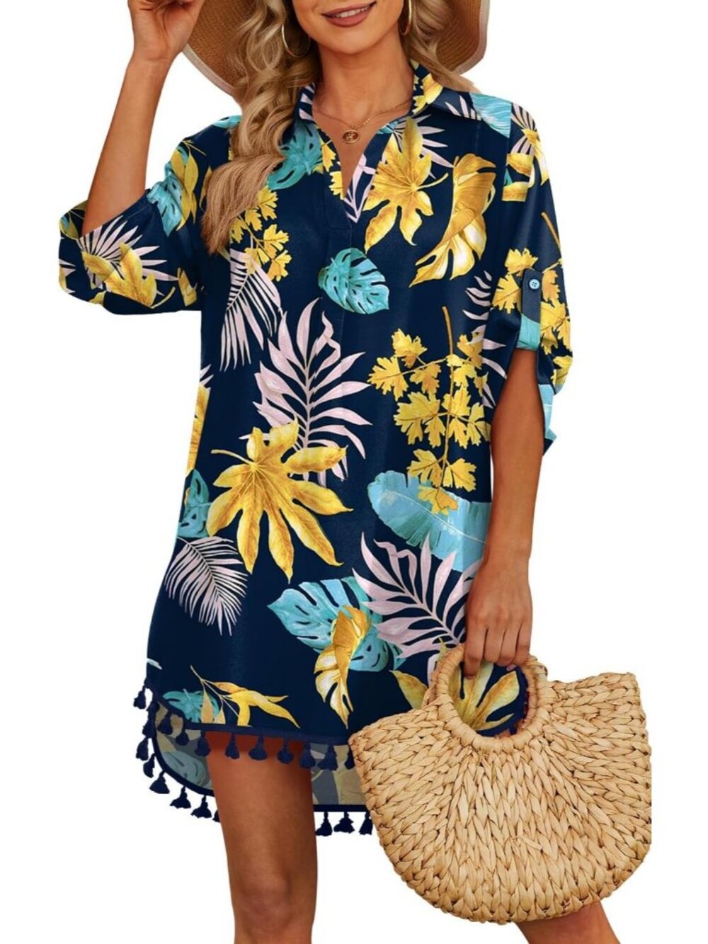 Women's Floral Blue Polyester Cover Up Tassel Swimsuit Bathing Suit for Swimwear